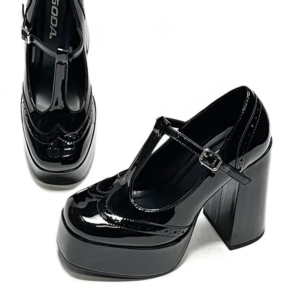 Black Patent T-Strap Mary Jane Platform Block Heel Pumps - Picture 3 of 5